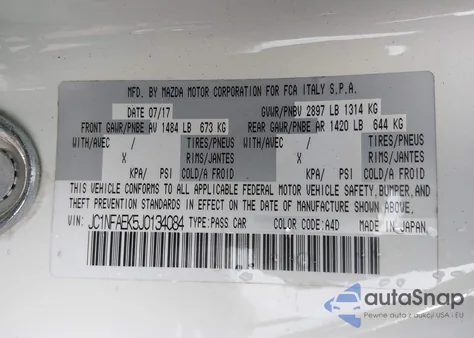 2018 Fiat 124 Spider Abarth z USA, uszkodzony, nr VIN JC1NFAEK5J0134084